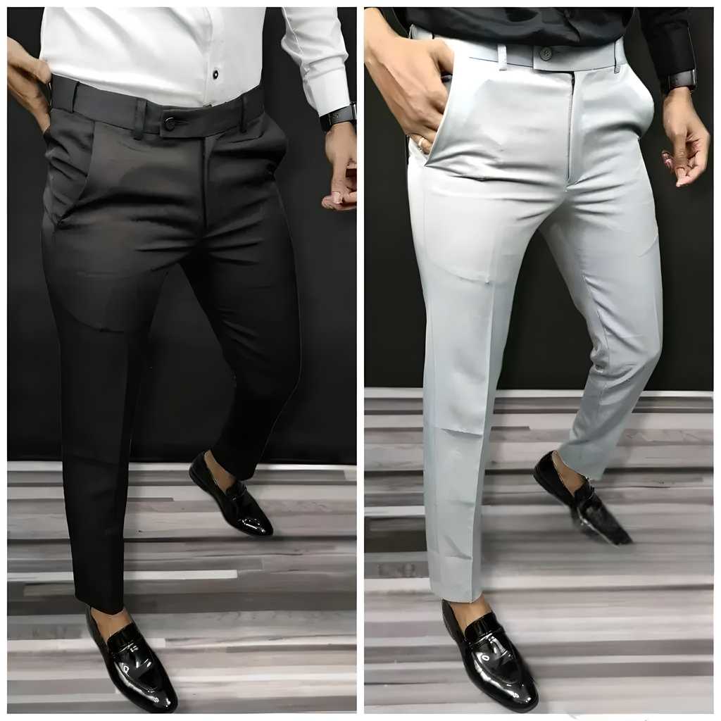Lycra Solid Slim Fit Men’s Formal Trousers | Pack of 2