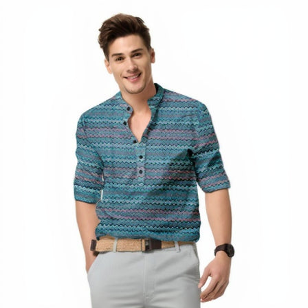 Men’s Printed Spread Collar Casual Shirt | Blue