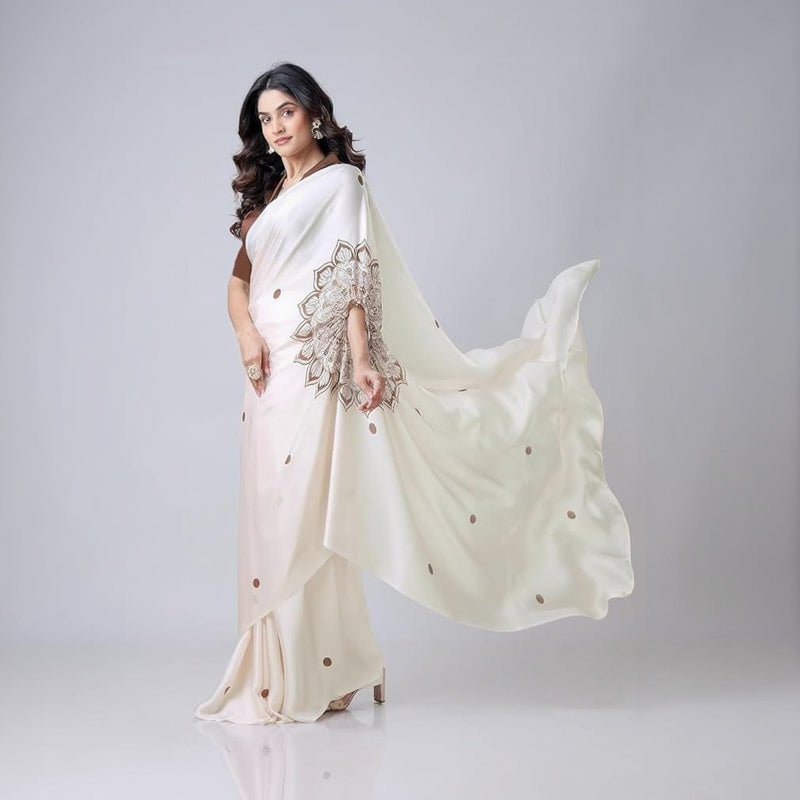 Satin Silk Printed Kaftan Saree With Unstitched Blouse