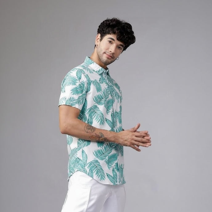 Men’s Printed Half Sleeve Casual Shirt | White & Light Green