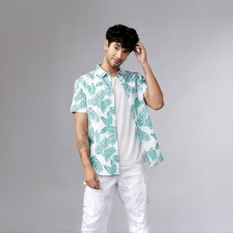 Men’s Printed Half Sleeve Casual Shirt | White & Light Green