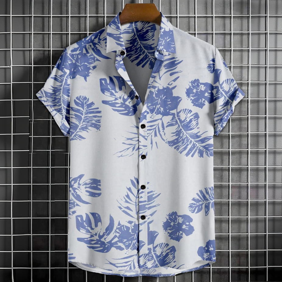 Men’s Printed Half Sleeve Casual Shirt | White & Navy Blue